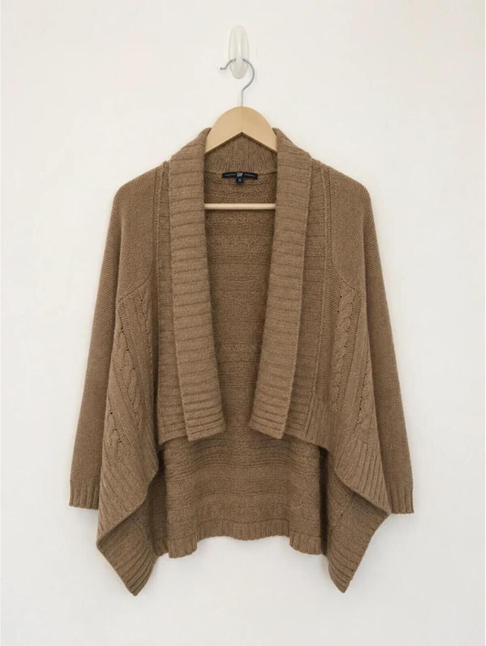 GAP Taupe Cable Knit Open Cardigan Women’s Small Draped Waterfall Cozy Sweater